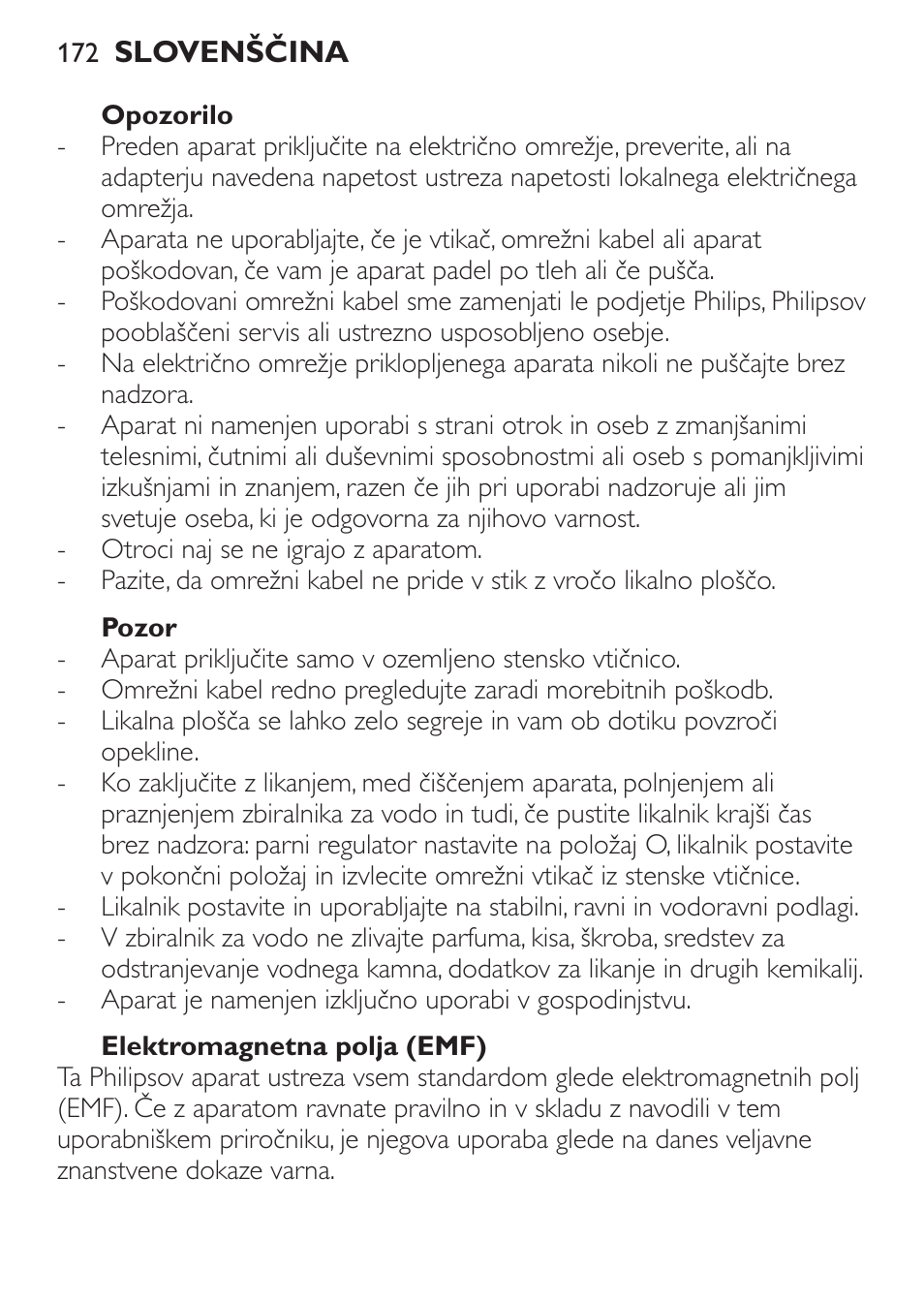 Opozorilo, Pozor, Elektromagnetna polja (emf) | Philips GC1905 User Manual | Page 172 / 212