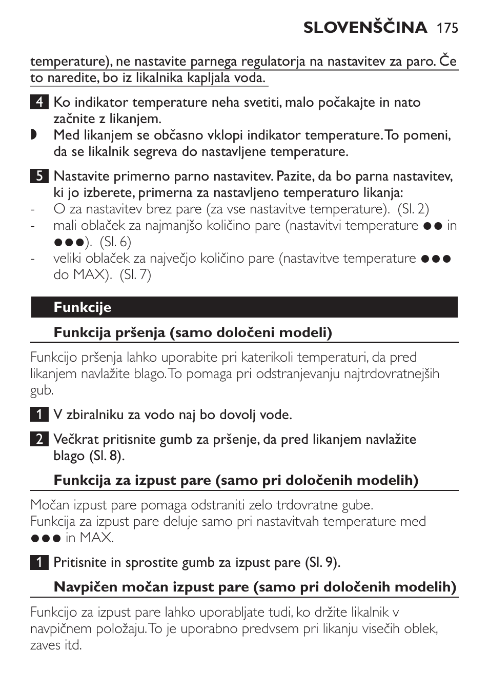 Funkcije, Funkcija pršenja (samo določeni modeli) | Philips GC1905 User Manual | Page 175 / 212