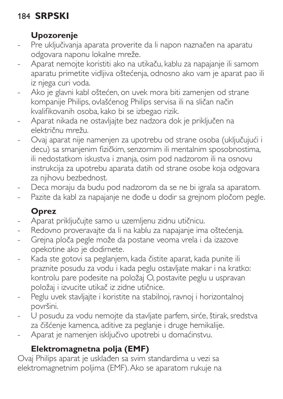 Upozorenje, Oprez, Elektromagnetna polja (emf) | Philips GC1905 User Manual | Page 184 / 212