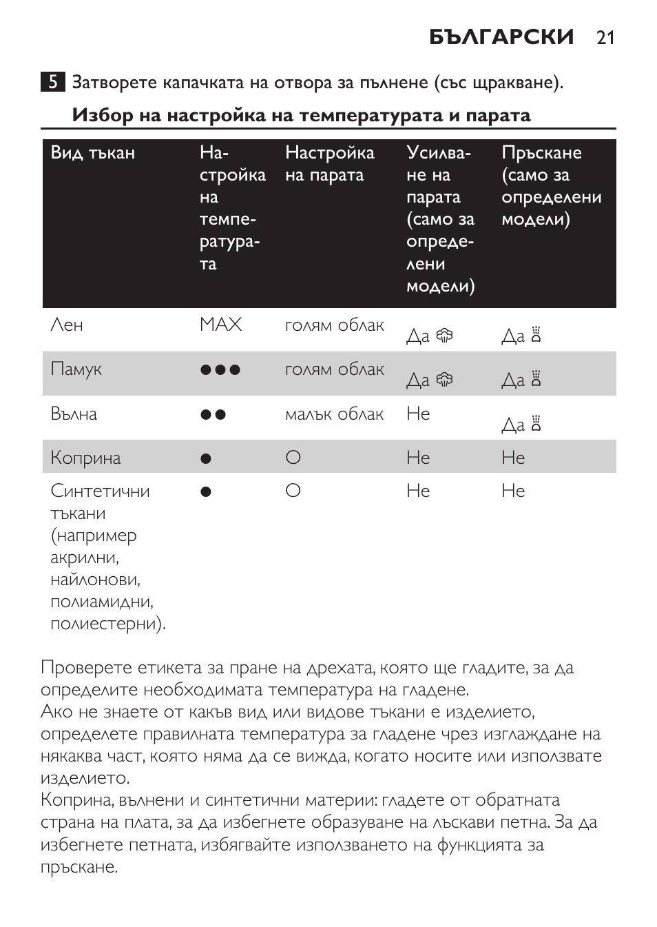 Избор на настройка на температурата и парата | Philips GC1905 User Manual | Page 21 / 212