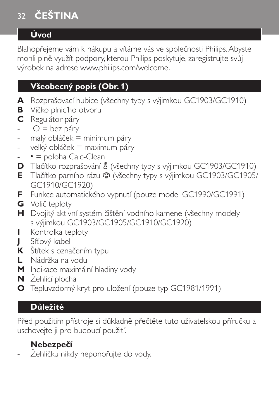 Nebezpečí, Čeština, Úvod | Všeobecný popis (obr. 1), Důležité | Philips GC1905 User Manual | Page 32 / 212