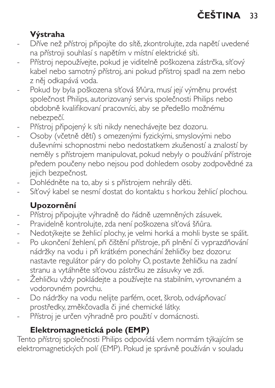 Výstraha, Upozornění, Elektromagnetická pole (emp) | Philips GC1905 User Manual | Page 33 / 212