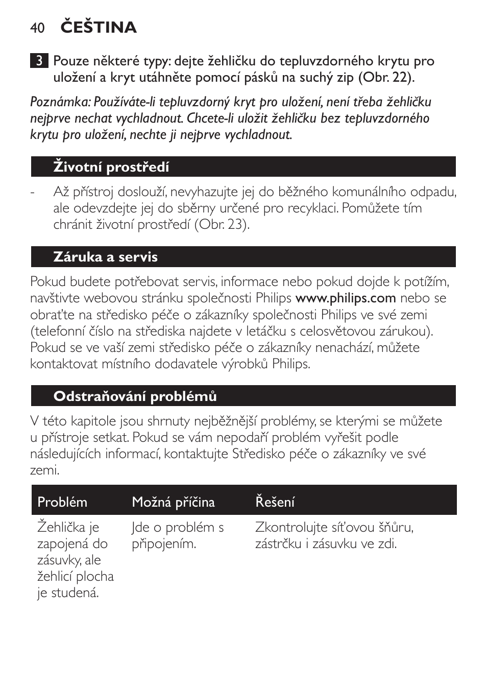 Životní prostředí, Záruka a servis, Odstraňování problémů | Philips GC1905 User Manual | Page 40 / 212