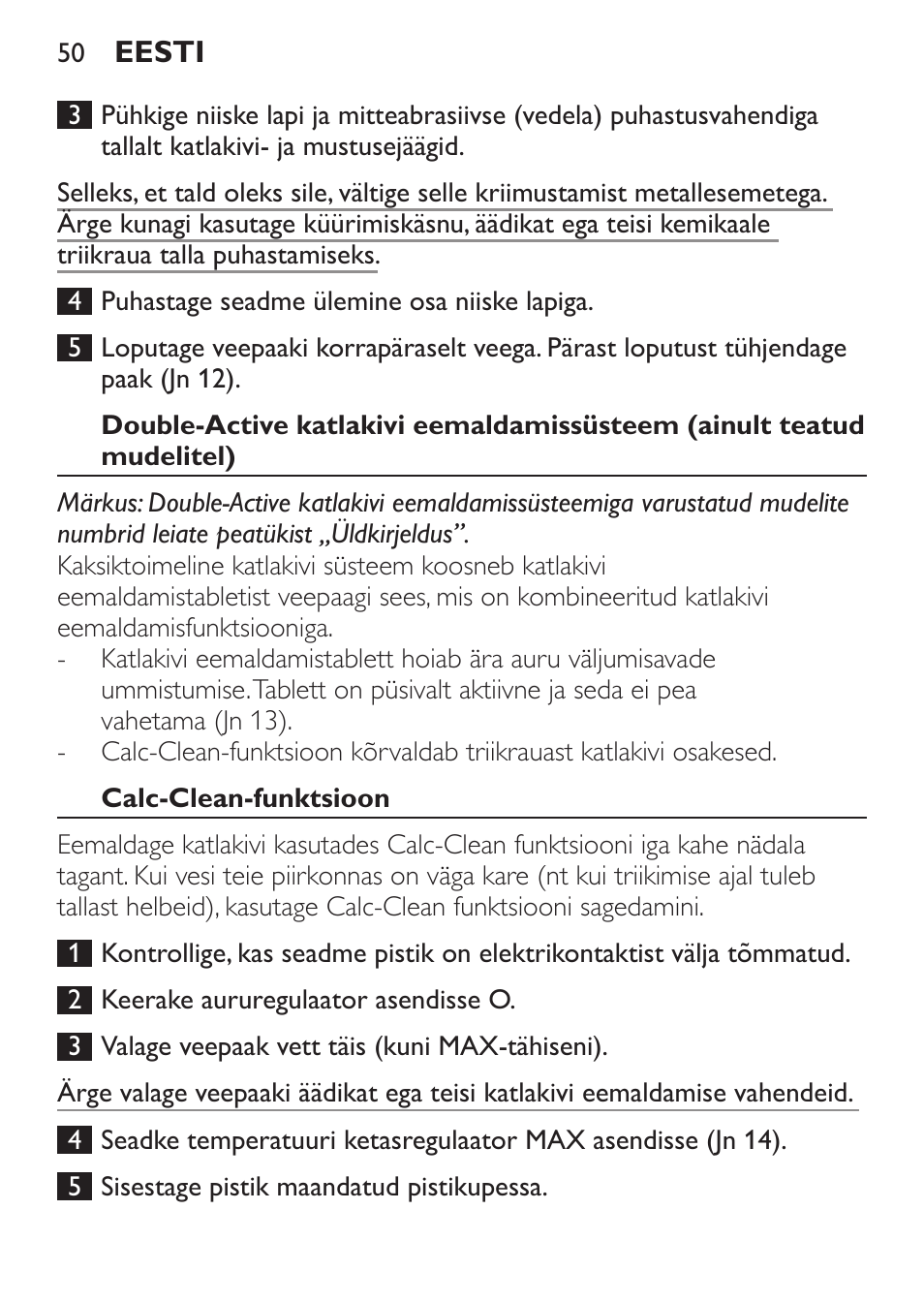 Calc-clean-funktsioon | Philips GC1905 User Manual | Page 50 / 212