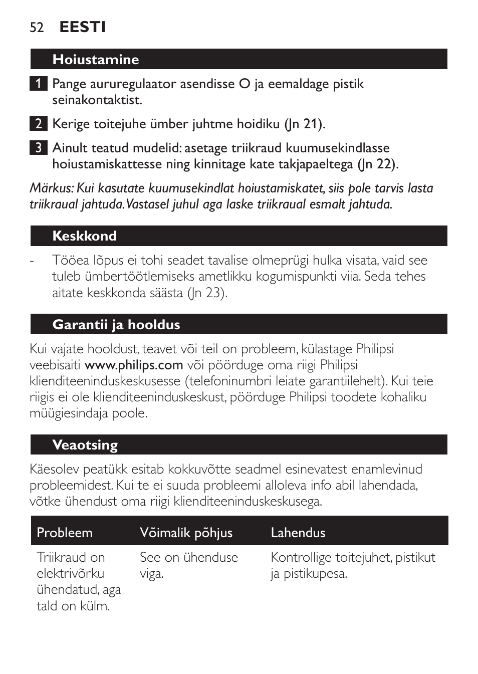 Keskkond, Garantii ja hooldus, Veaotsing | Philips GC1905 User Manual | Page 52 / 212