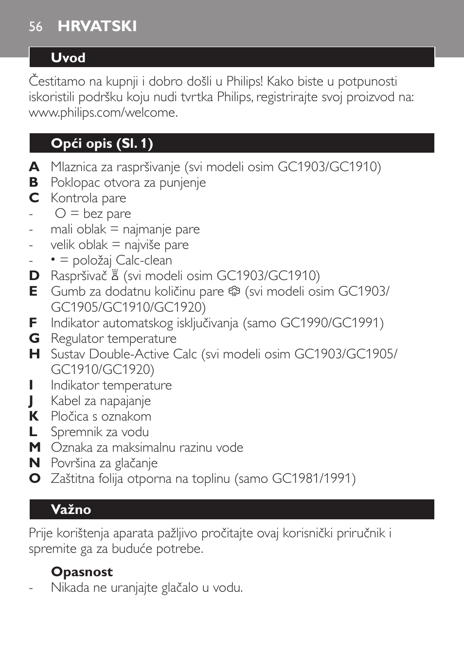 Opasnost, Hrvatski, Uvod | Opći opis (sl. 1), Važno | Philips GC1905 User Manual | Page 56 / 212