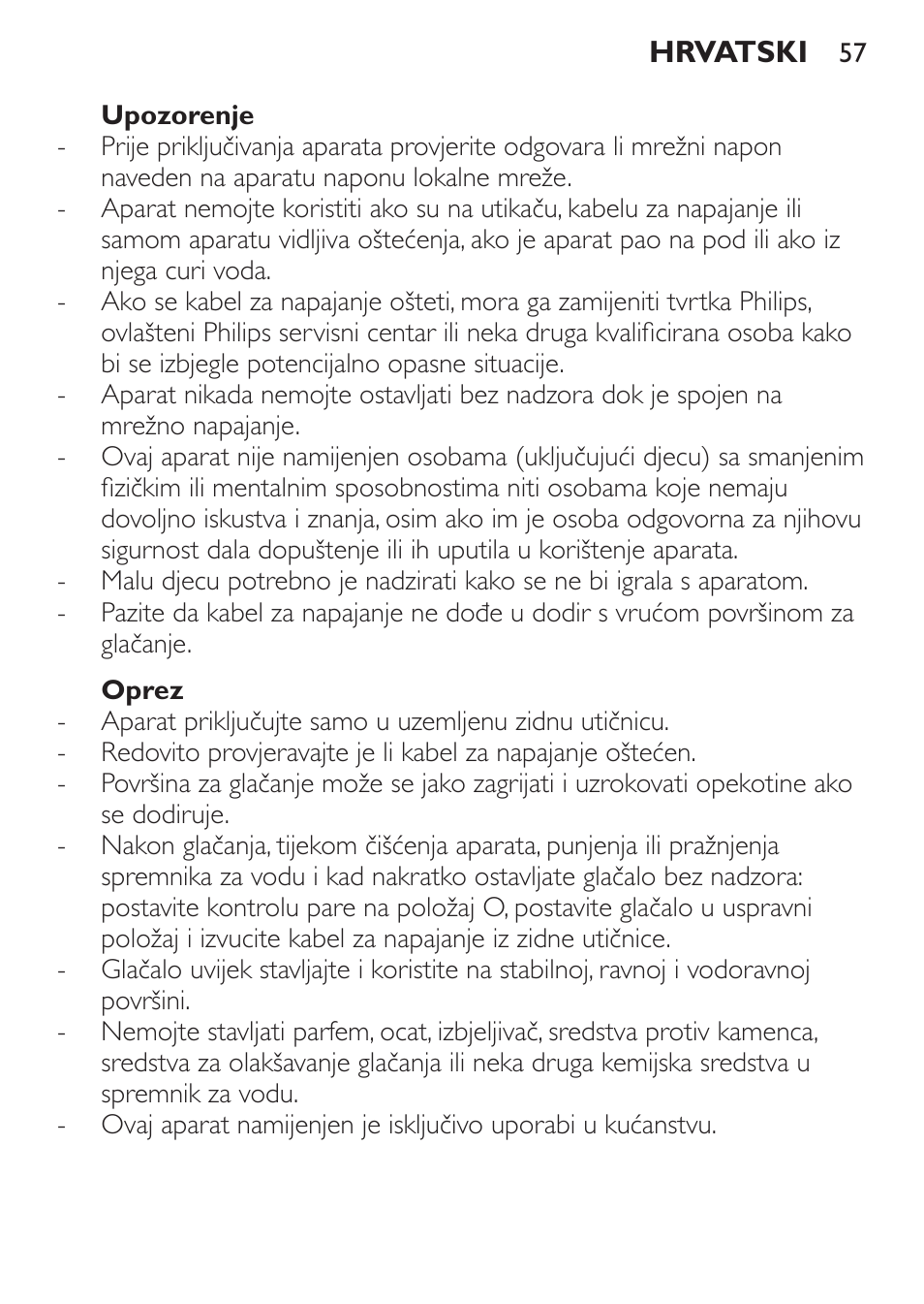 Upozorenje, Oprez | Philips GC1905 User Manual | Page 57 / 212