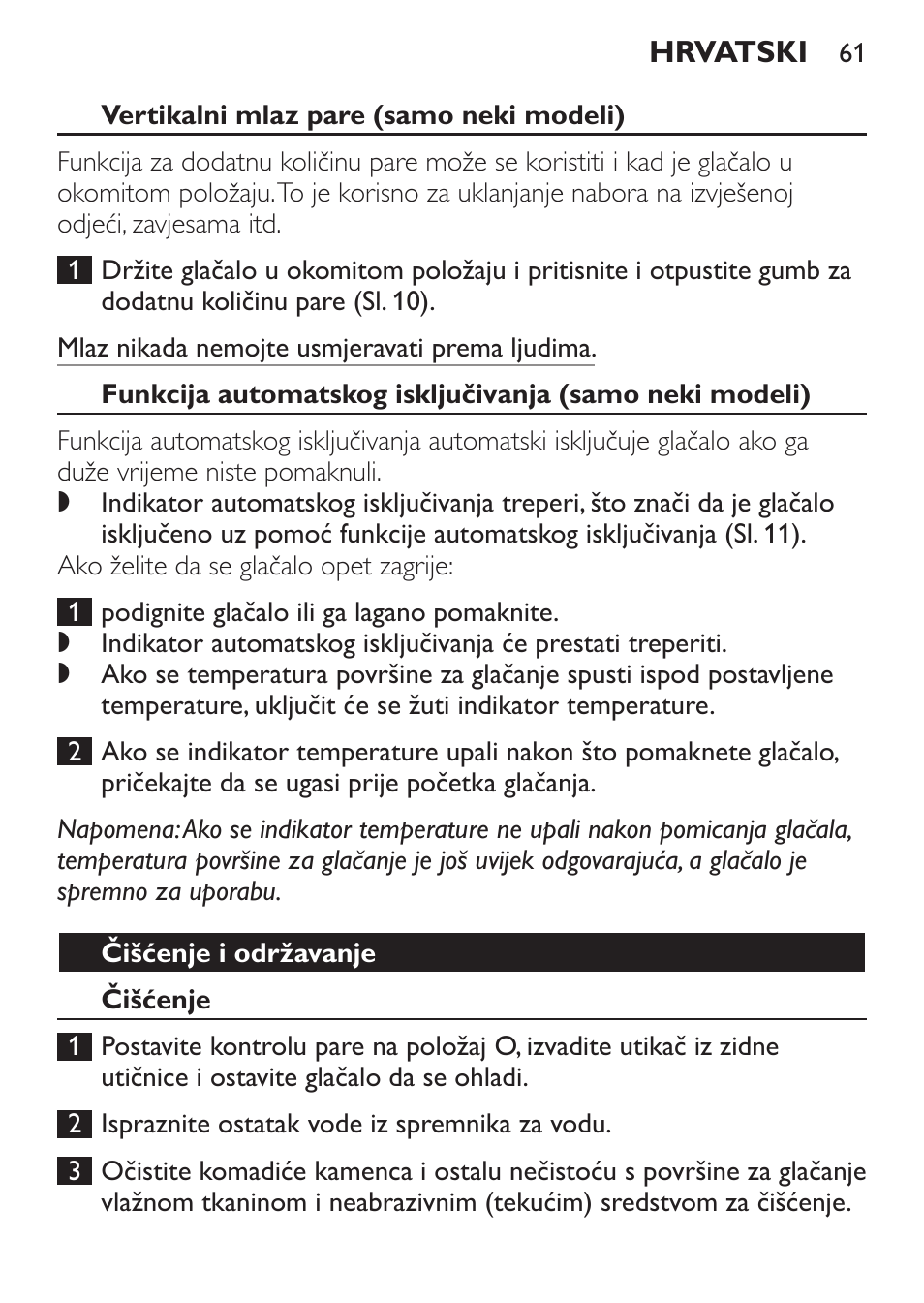 Vertikalni mlaz pare (samo neki modeli), Čišćenje i održavanje, Čišćenje | Philips GC1905 User Manual | Page 61 / 212
