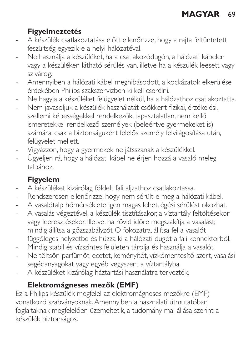 Figyelmeztetés, Figyelem, Elektromágneses mezők (emf) | Philips GC1905 User Manual | Page 69 / 212