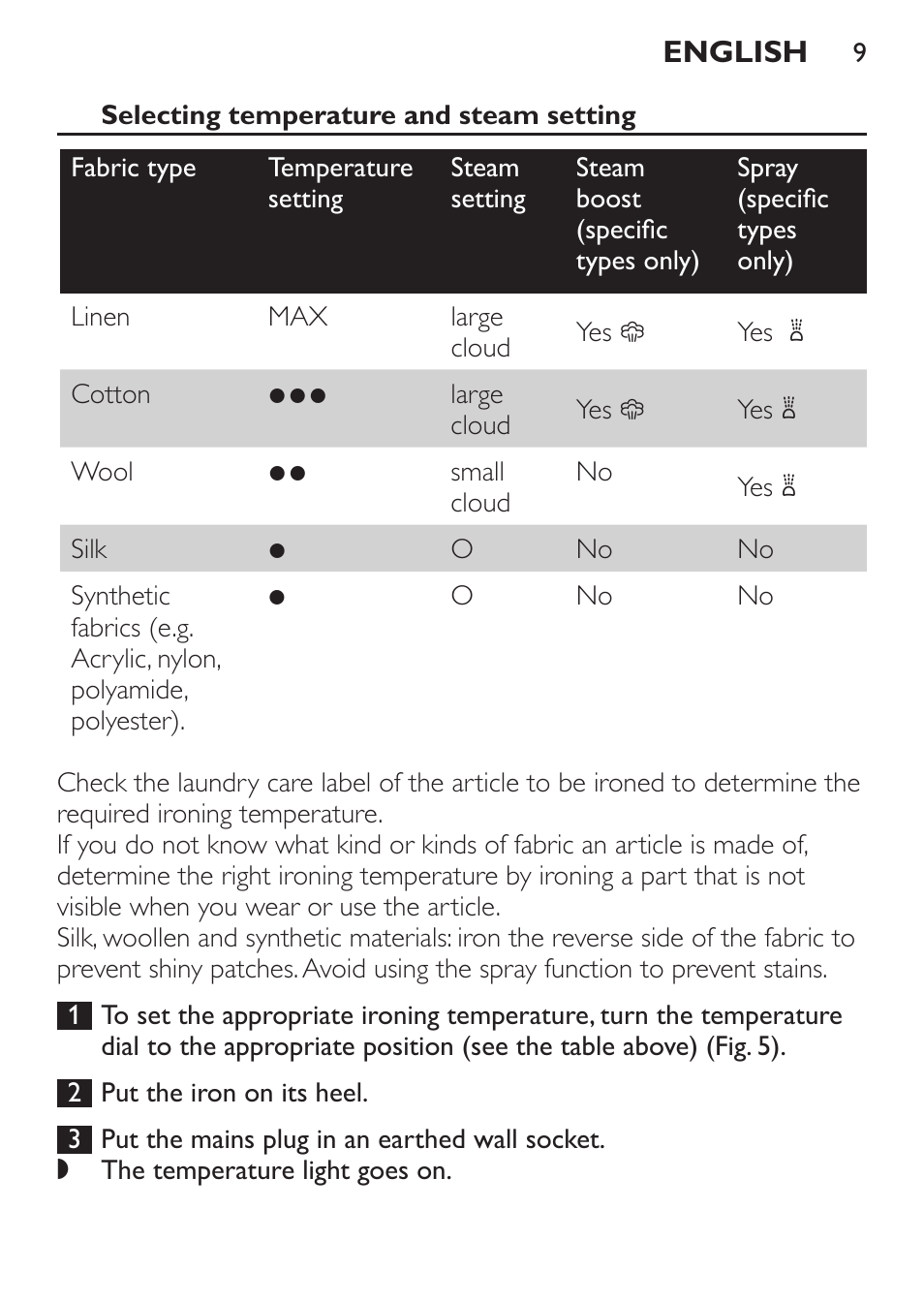 Selecting temperature and steam setting | Philips GC1905 User Manual | Page 9 / 212
