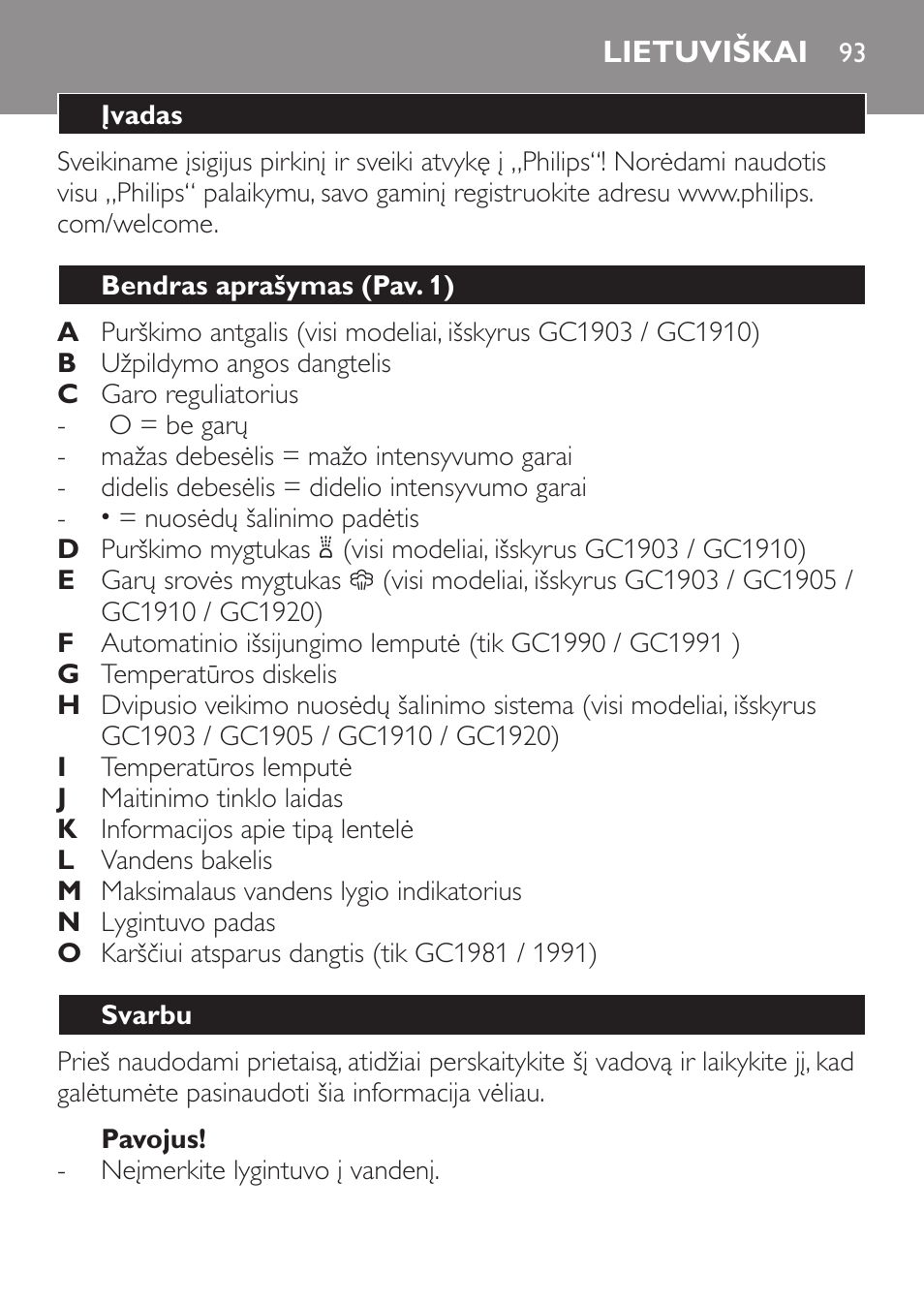 Pavojus, Lietuviškai, Įvadas | Bendras aprašymas (pav. 1), Svarbu | Philips GC1905 User Manual | Page 93 / 212