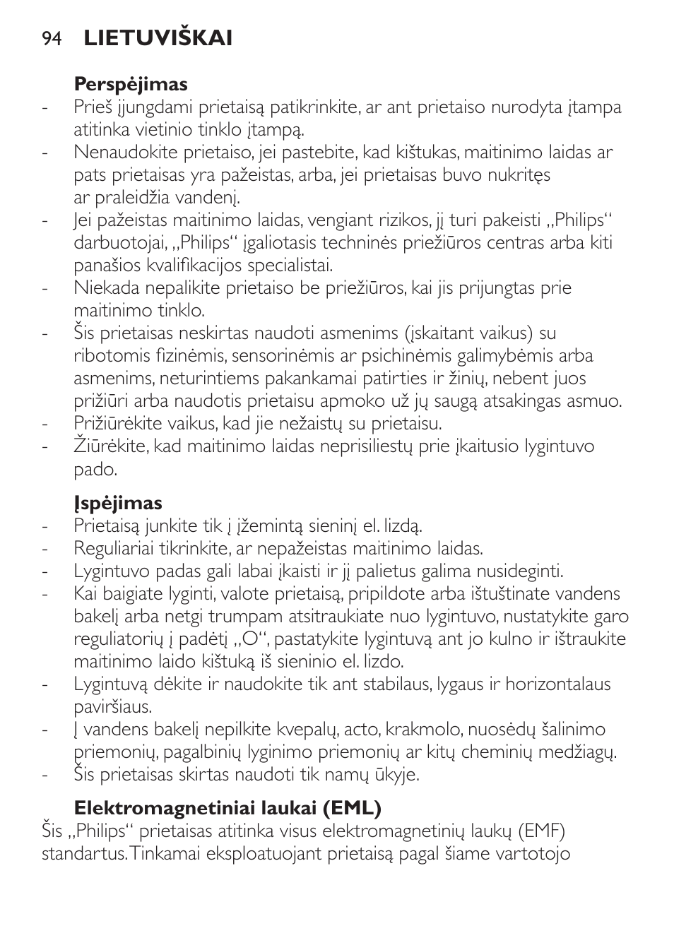 Perspėjimas, Įspėjimas, Elektromagnetiniai laukai (eml) | Philips GC1905 User Manual | Page 94 / 212