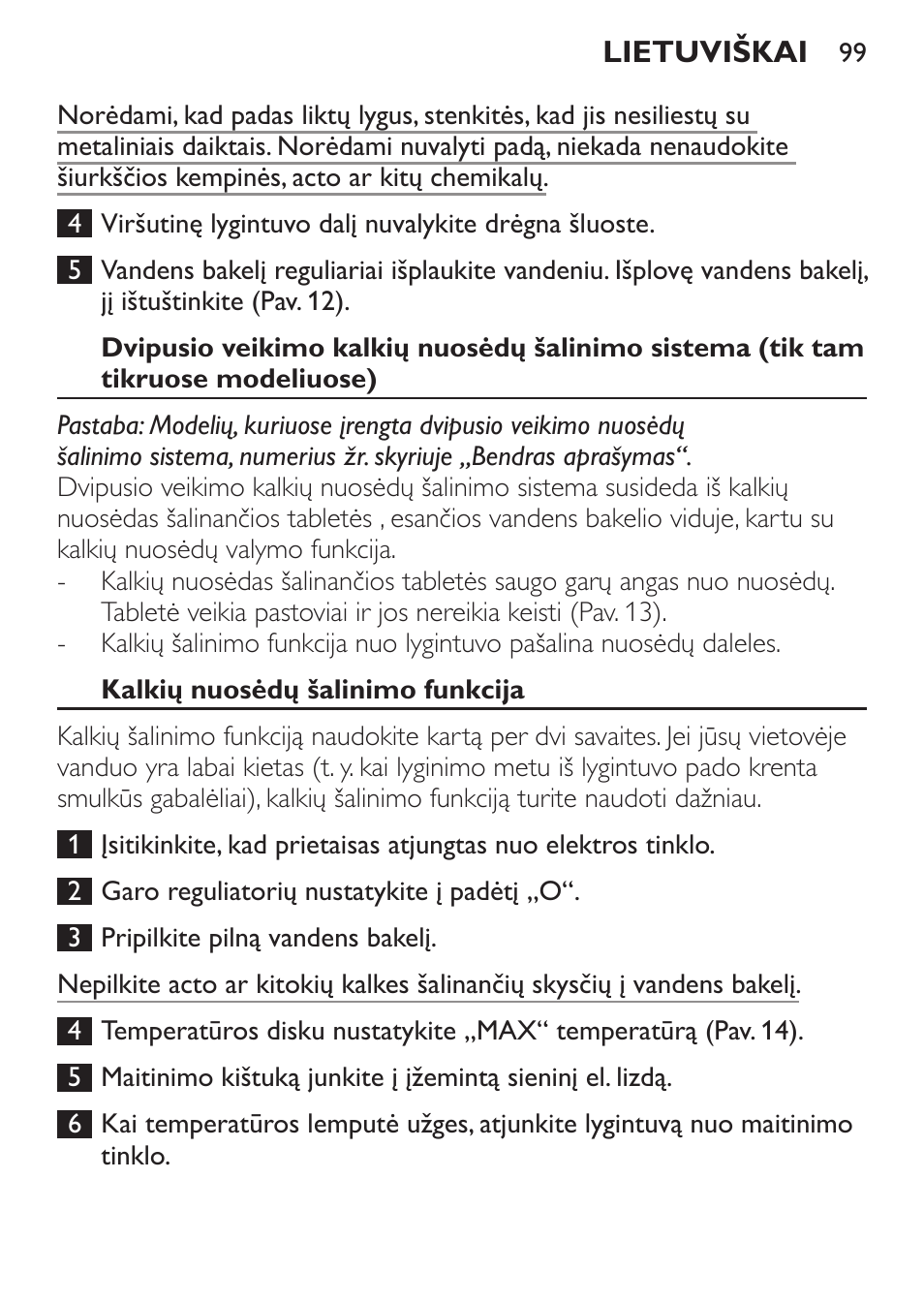 Kalkių nuosėdų šalinimo funkcija | Philips GC1905 User Manual | Page 99 / 212