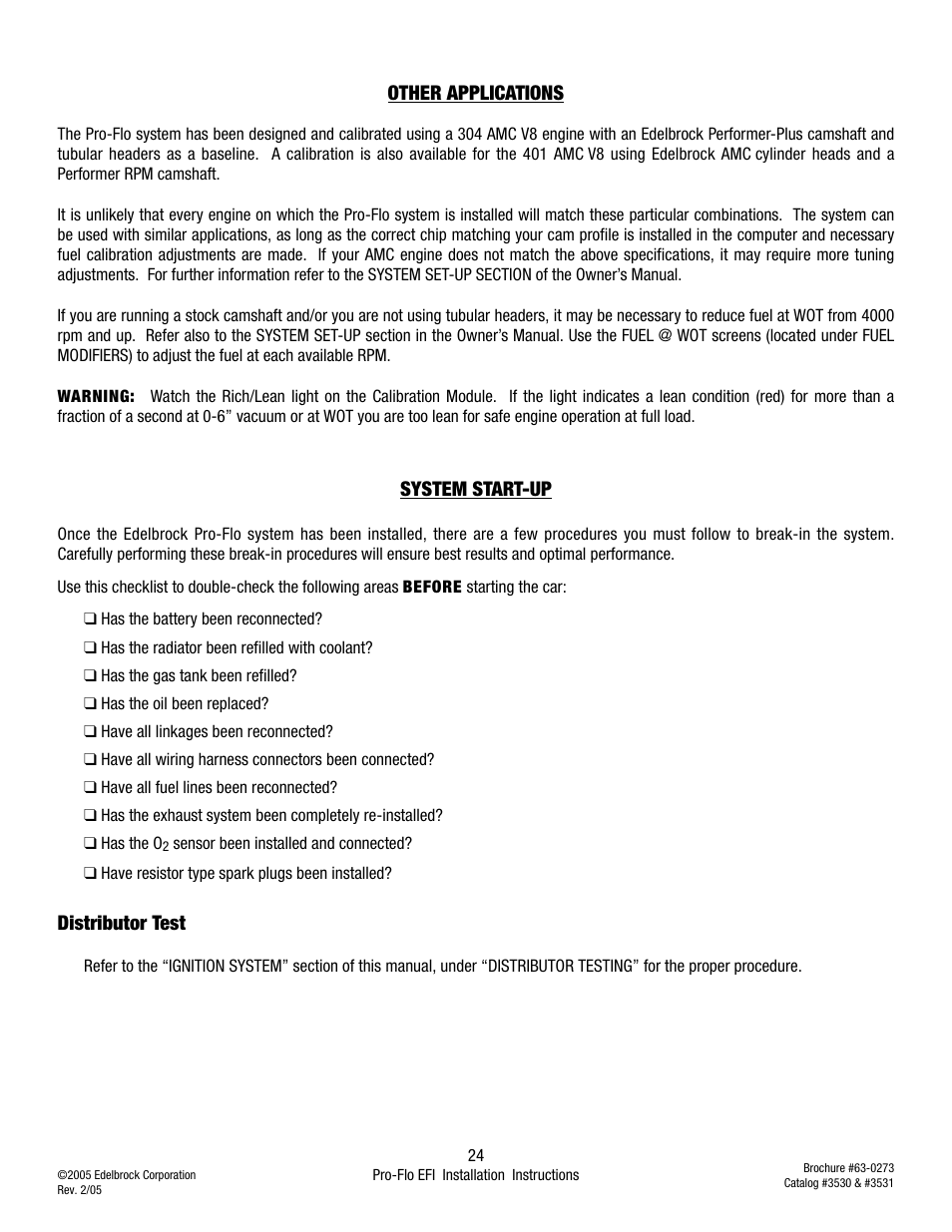 Other applications, System start-up, Distributor test | Edelbrock 3530 User Manual | Page 24 / 33