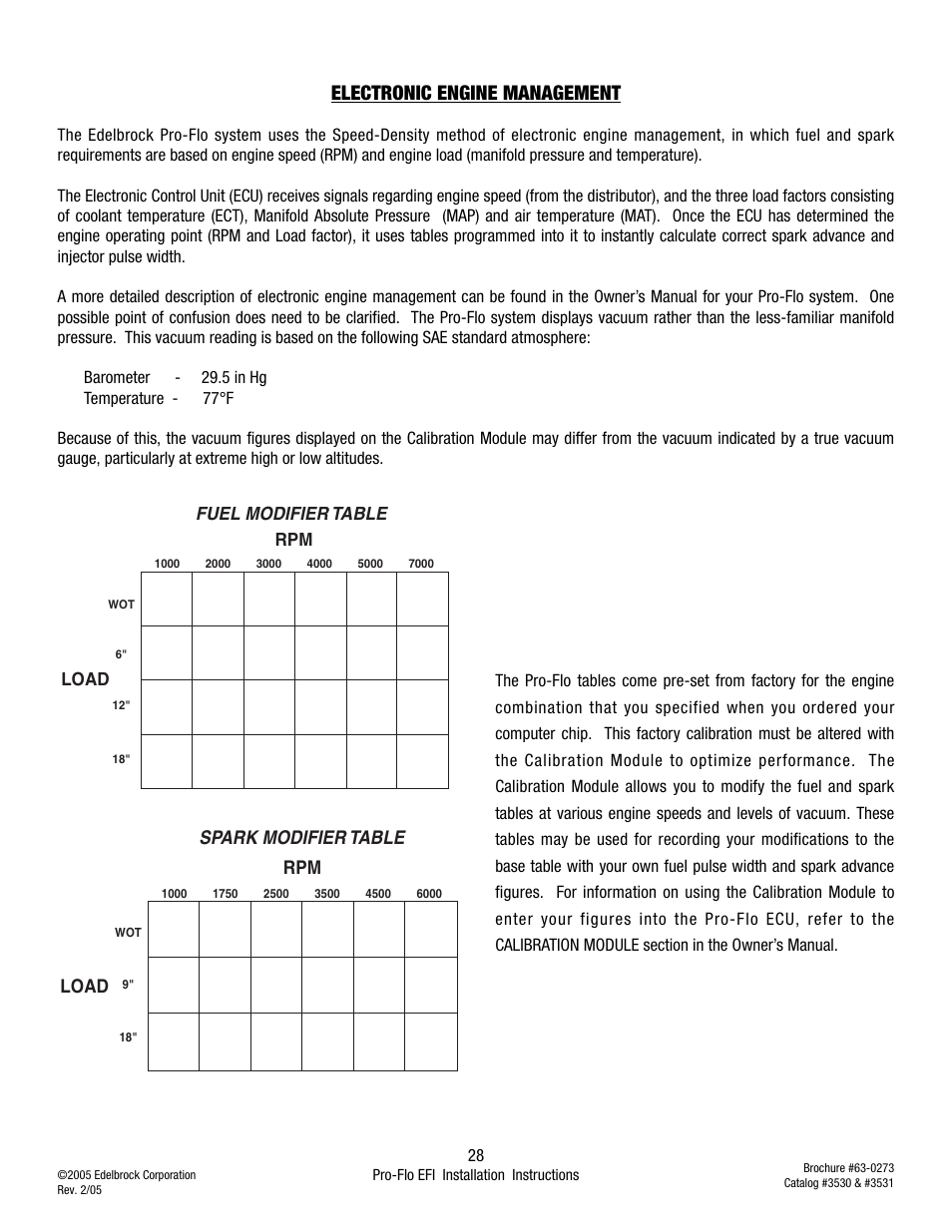 Electronic engine management, Spark modifier table | Edelbrock 3530 User Manual | Page 28 / 33