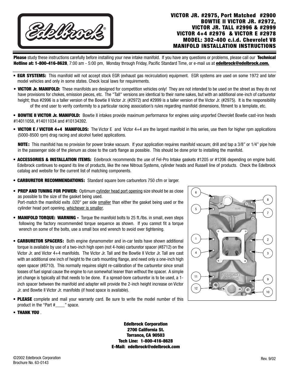 Edelbrock CHEVROLET V8 302-400 C.I.D. User Manual | 1 page