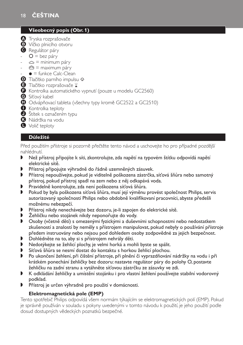 Elektromagnetická pole (emp), Čeština, Všeobecný popis (obr. 1) | Důležité | Philips GC2520 User Manual | Page 18 / 108