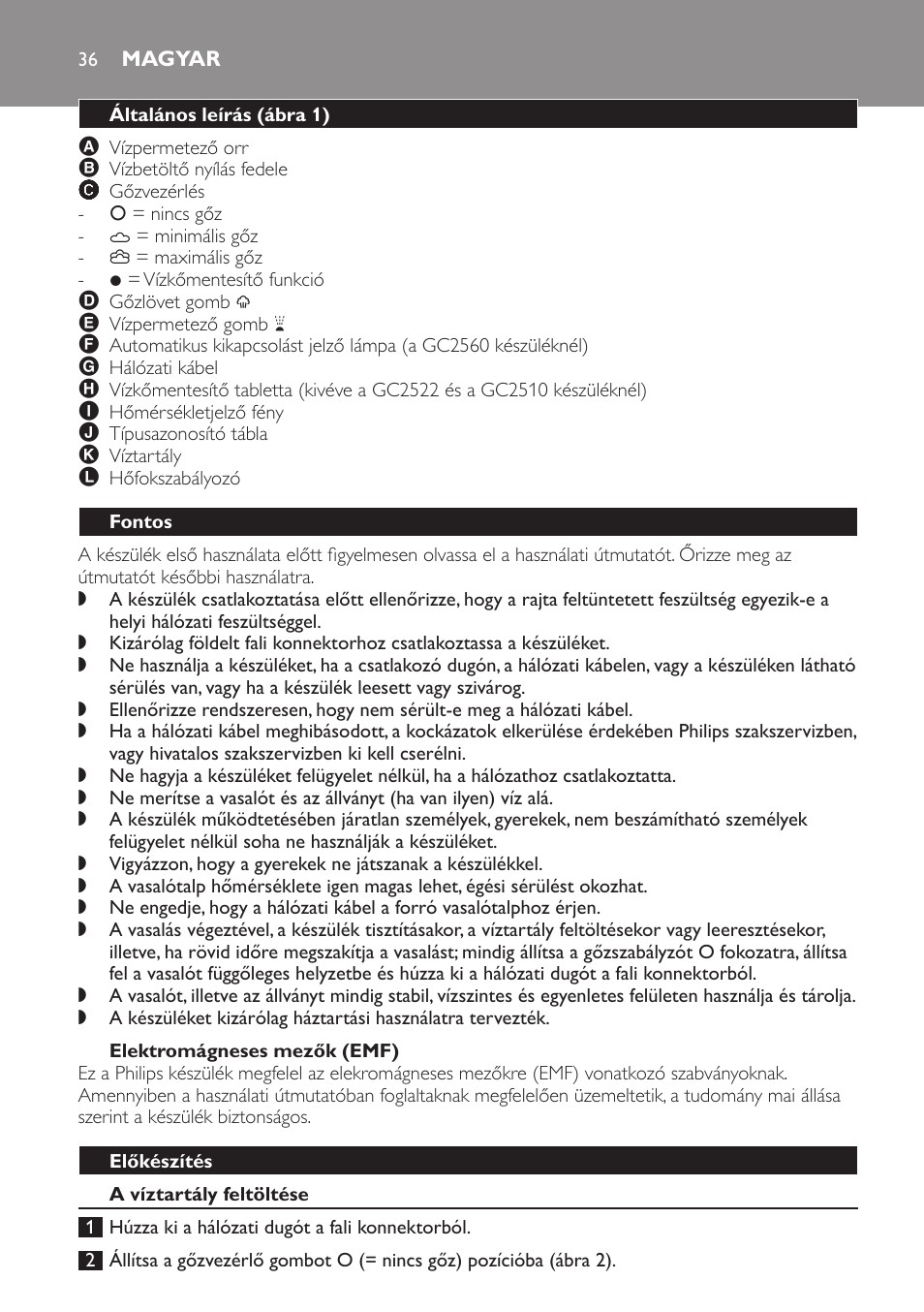 Elektromágneses mezők (emf), Magyar, Általános leírás (ábra 1) | Fontos, Előkészítés, A víztartály feltöltése | Philips GC2520 User Manual | Page 36 / 108