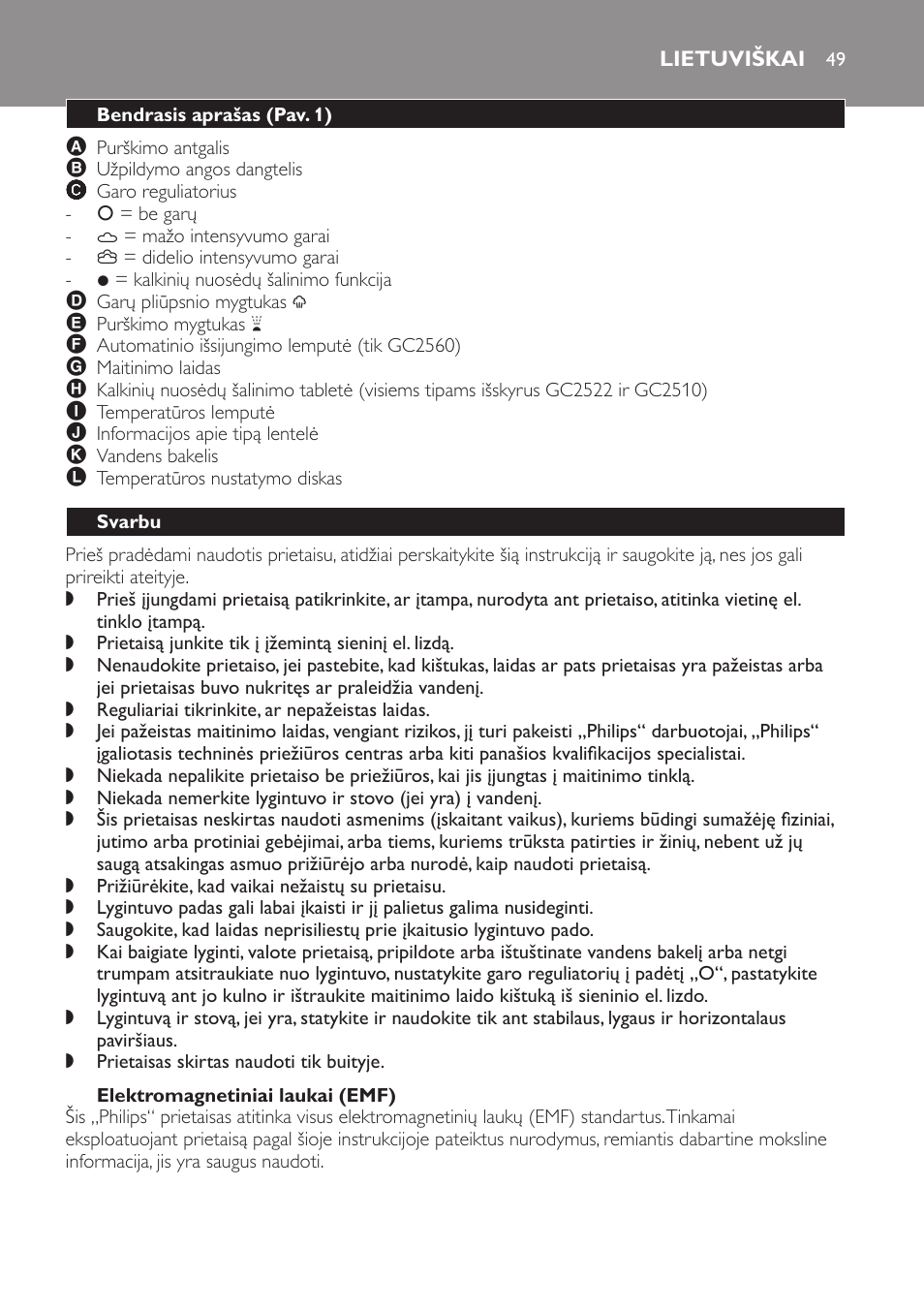 Elektromagnetiniai laukai (emf), Lietuviškai, Bendrasis aprašas (pav. 1) | Svarbu | Philips GC2520 User Manual | Page 49 / 108