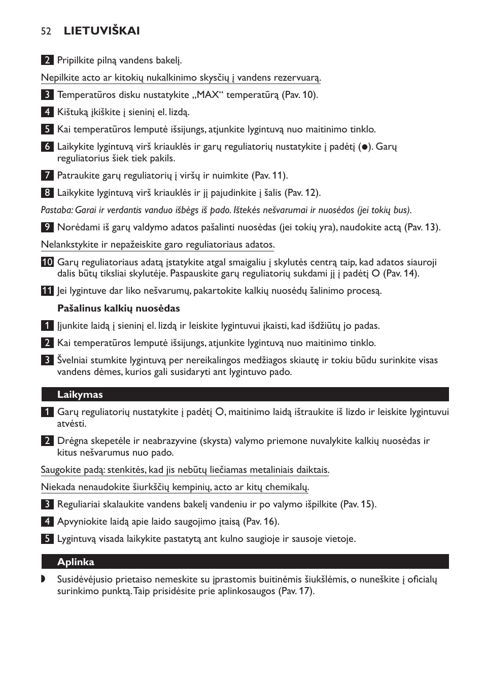 Pašalinus kalkių nuosėdas, Laikymas, Aplinka | Garantija ir techninė priežiūra | Philips GC2520 User Manual | Page 52 / 108