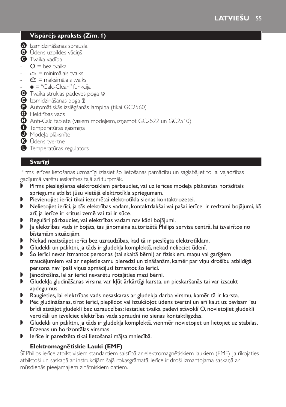 Elektromagnētiskie lauki (emf), Latviešu, Vispārējs apraksts (zīm. 1) | Svarīgi | Philips GC2520 User Manual | Page 55 / 108
