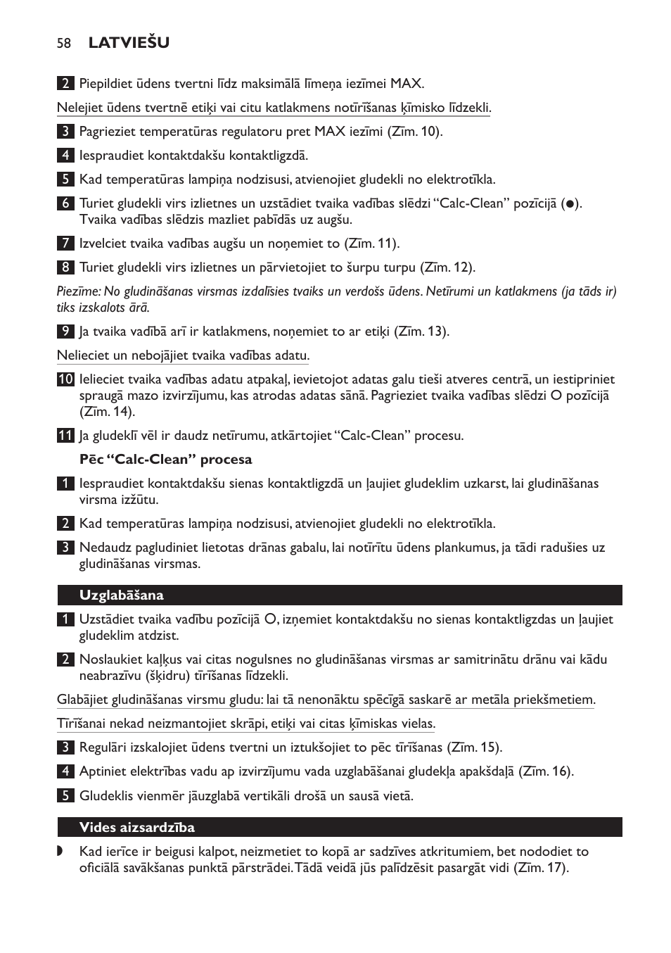 Pēc “calc-clean” procesa, Uzglabāšana, Vides aizsardzība | Philips GC2520 User Manual | Page 58 / 108