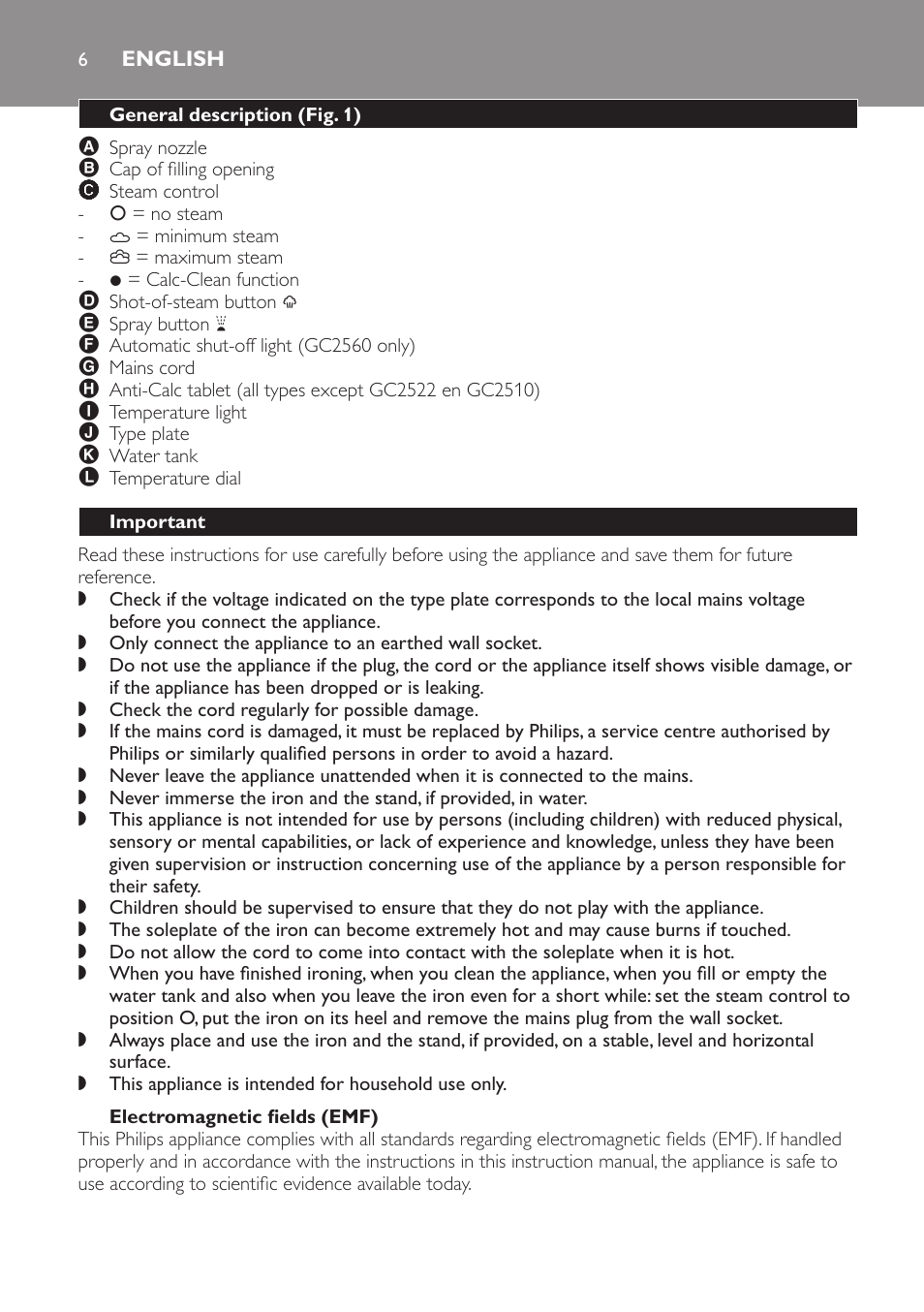 English, General description (fig. 1), Important | Electromagnetic fields (emf) | Philips GC2520 User Manual | Page 6 / 108