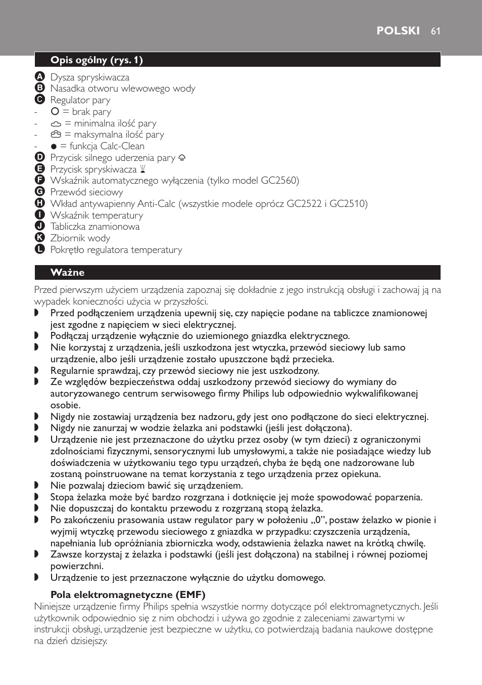 Pola elektromagnetyczne (emf), Polski, Opis ogólny (rys. 1) | Ważne | Philips GC2520 User Manual | Page 61 / 108