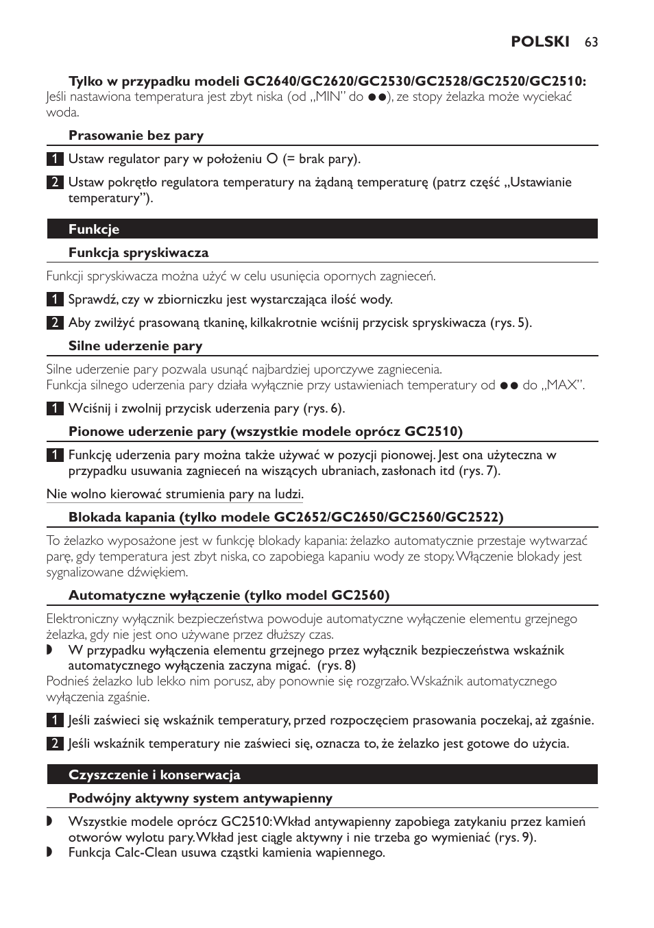 Prasowanie bez pary, Funkcje, Funkcja spryskiwacza | Silne uderzenie pary, Automatyczne wyłączenie (tylko model gc2560), Czyszczenie i konserwacja, Podwójny aktywny system antywapienny | Philips GC2520 User Manual | Page 63 / 108