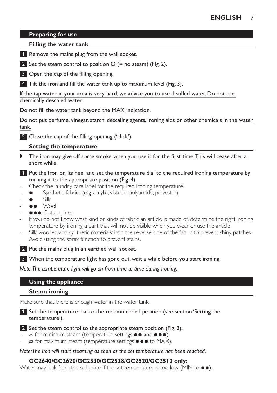 Preparing for use, Filling the water tank, Setting the temperature | Using the appliance, Steam ironing, Gc2640/gc2620/gc2530/gc2528/gc2520/gc2510 only | Philips GC2520 User Manual | Page 7 / 108