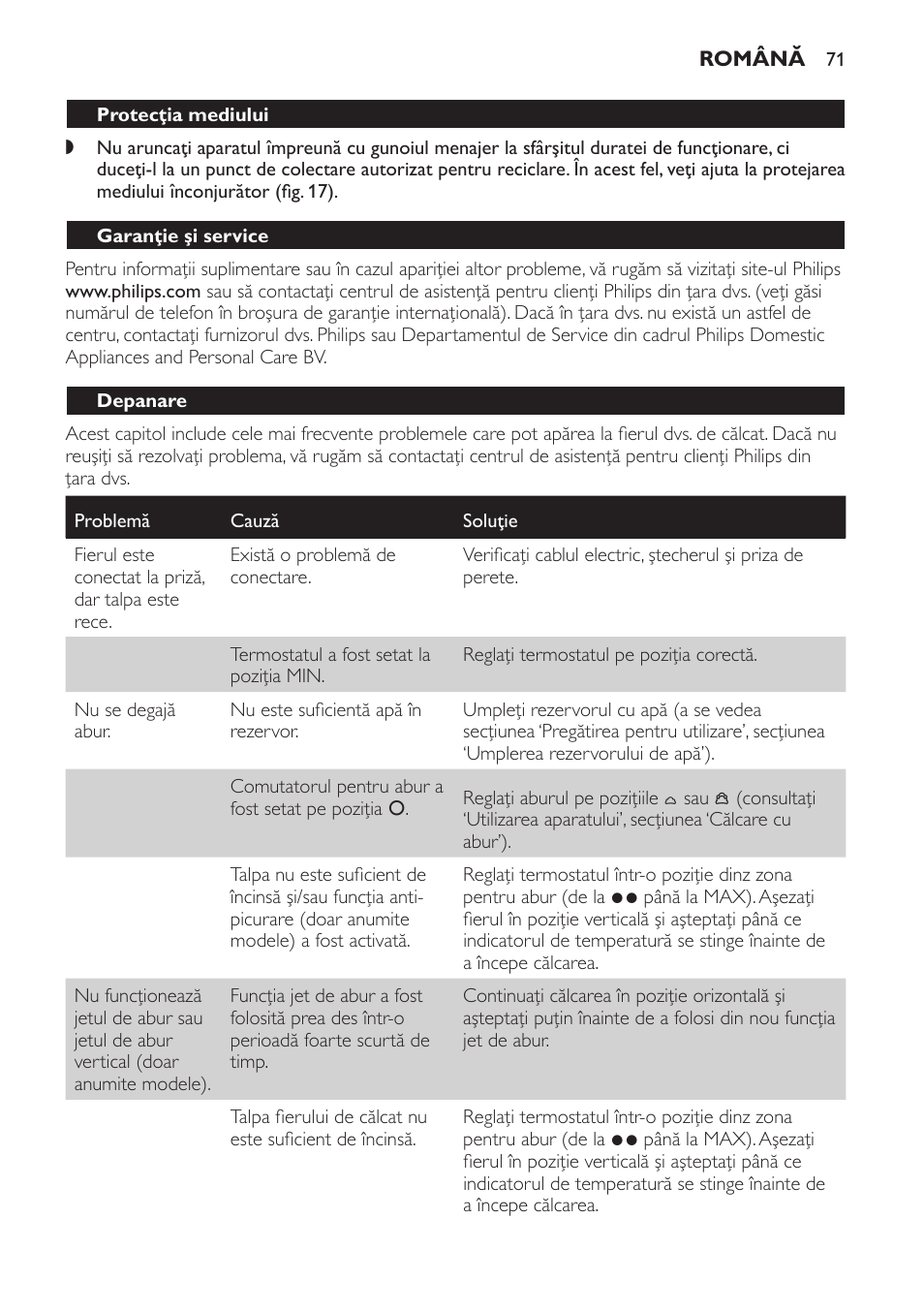 Protecţia mediului, Garanţie şi service, Depanare | Philips GC2520 User Manual | Page 71 / 108