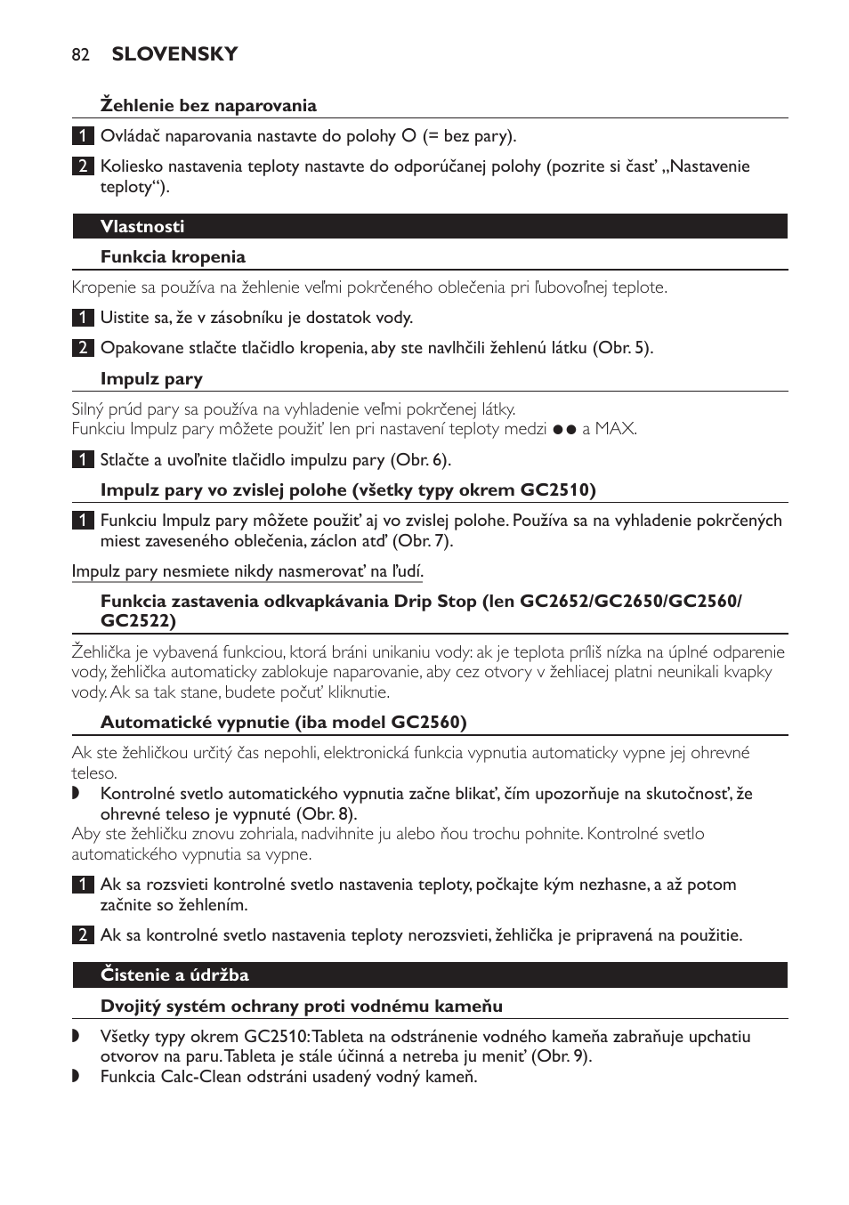 Žehlenie bez naparovania, Vlastnosti, Funkcia kropenia | Impulz pary, Automatické vypnutie (iba model gc2560), Čistenie a údržba, Dvojitý systém ochrany proti vodnému kameňu | Philips GC2520 User Manual | Page 82 / 108