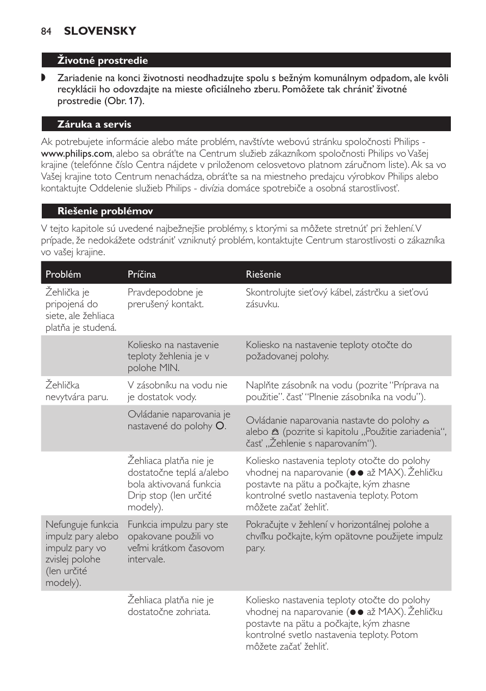 Životné prostredie, Záruka a servis, Riešenie problémov | Philips GC2520 User Manual | Page 84 / 108