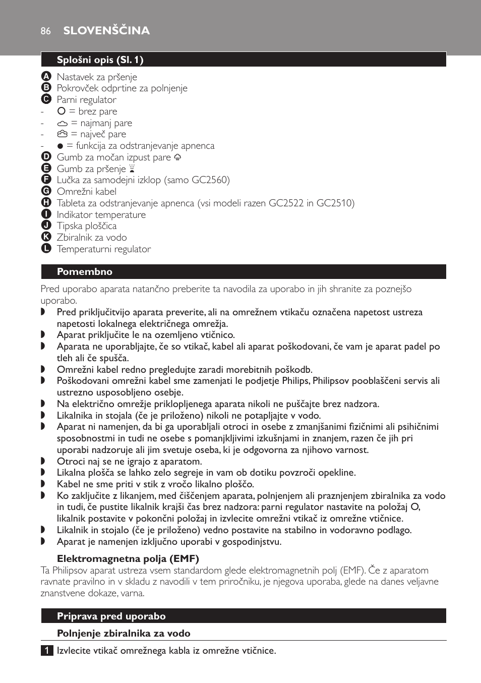 Elektromagnetna polja (emf), Slovenščina, Splošni opis (sl. 1) | Pomembno, Priprava pred uporabo, Polnjenje zbiralnika za vodo | Philips GC2520 User Manual | Page 86 / 108