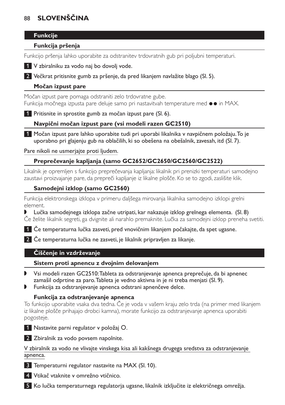 Funkcije, Funkcija pršenja, Močan izpust pare | Samodejni izklop (samo gc2560), Čiščenje in vzdrževanje, Sistem proti apnencu z dvojnim delovanjem, Funkcija za odstranjevanje apnenca | Philips GC2520 User Manual | Page 88 / 108