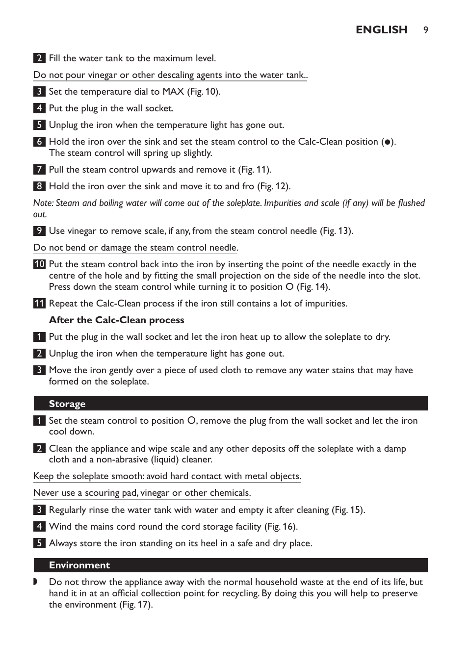 After the calc-clean process, Storage, Environment | Philips GC2520 User Manual | Page 9 / 108