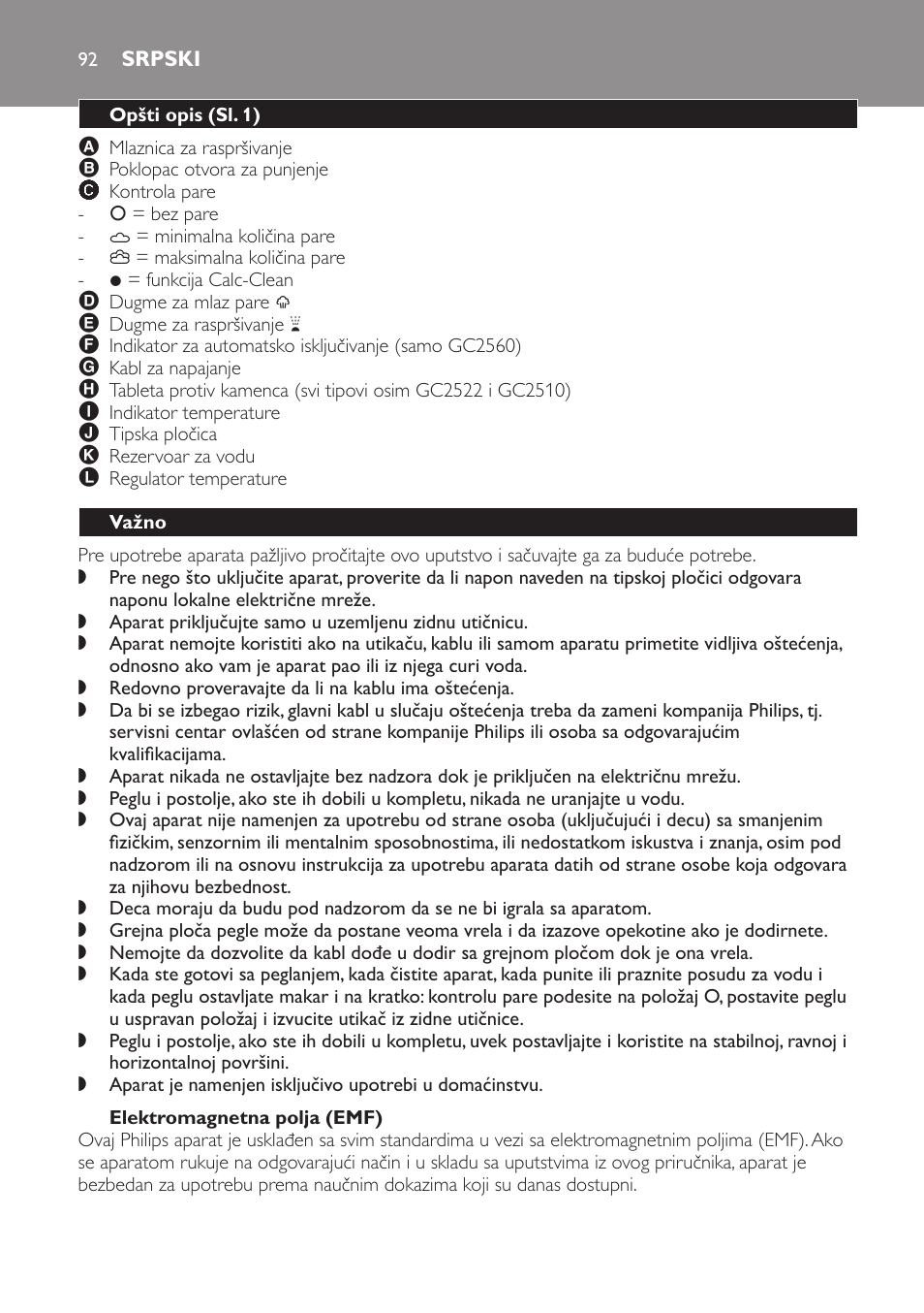 Elektromagnetna polja (emf), Srpski, Opšti opis (sl. 1) | Važno | Philips GC2520 User Manual | Page 92 / 108