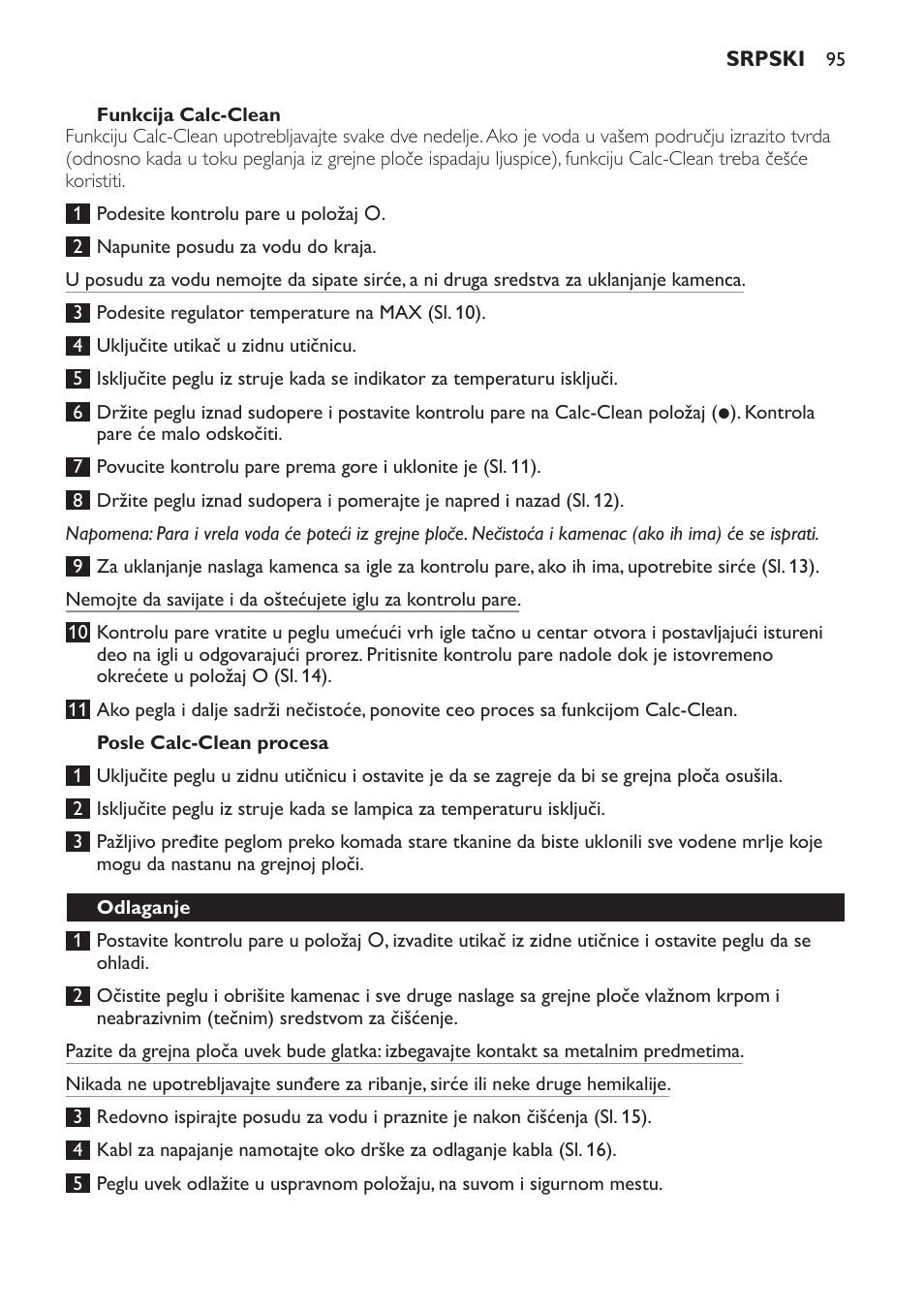 Funkcija calc-clean, Posle calc-clean procesa, Odlaganje | Philips GC2520 User Manual | Page 95 / 108