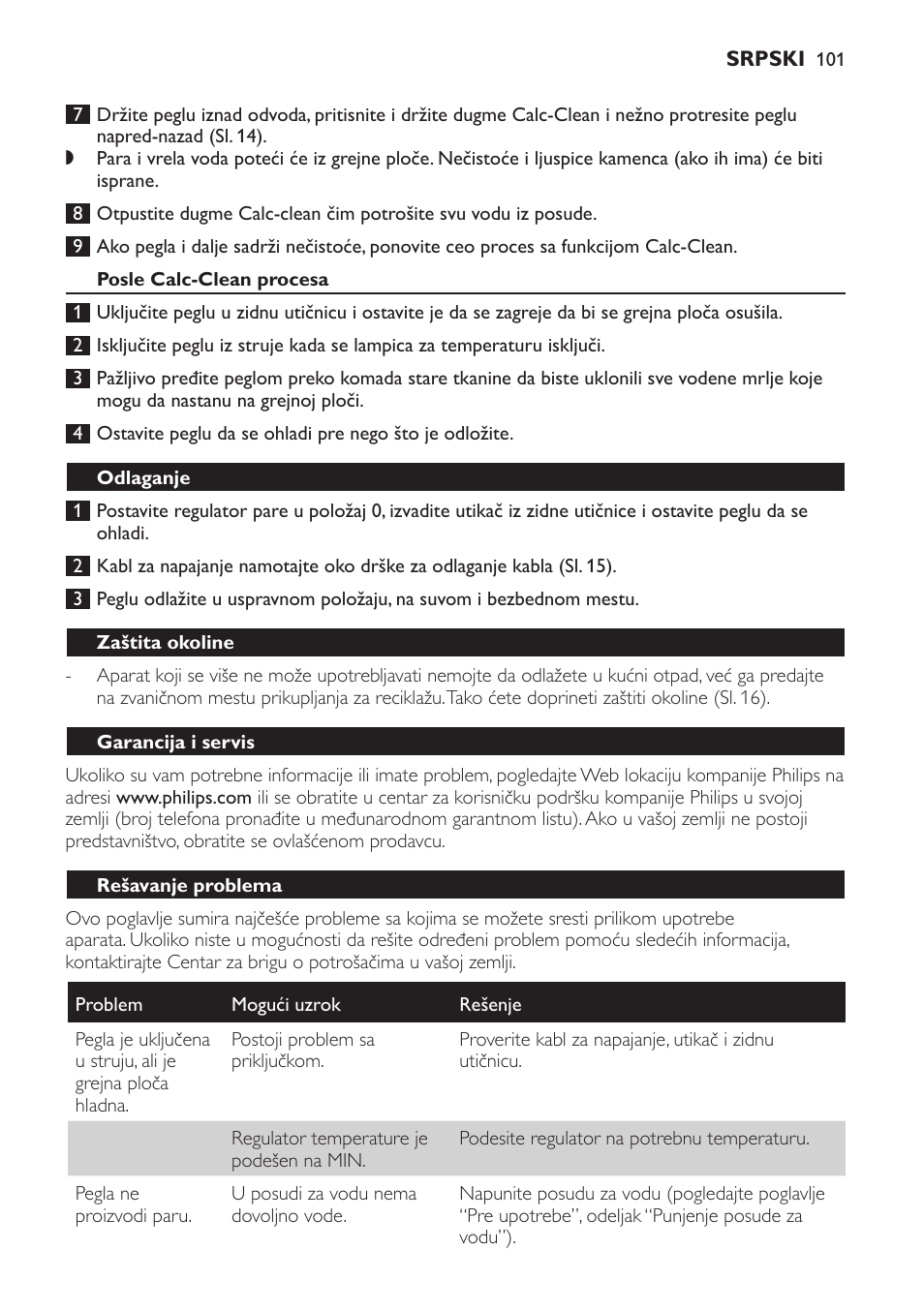 Posle calc-clean procesa, Odlaganje, Zaštita okoline | Garancija i servis, Rešavanje problema | Philips GC3321 User Manual | Page 101 / 112