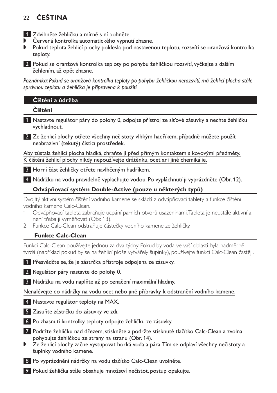 Čištění a údržba, Čištění, Funkce calc-clean | Philips GC3321 User Manual | Page 22 / 112