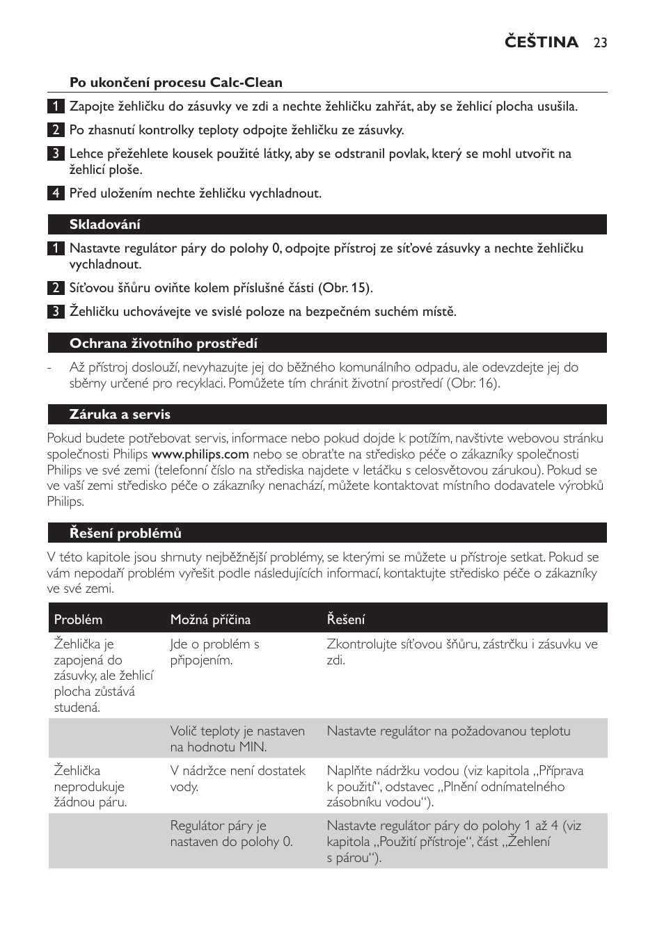 Po ukončení procesu calc-clean, Skladování, Ochrana životního prostředí | Záruka a servis, Řešení problémů | Philips GC3321 User Manual | Page 23 / 112