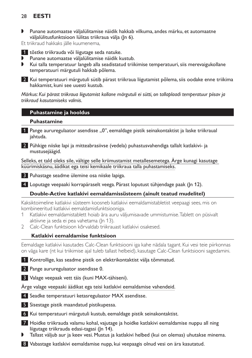 Puhastamine ja hooldus, Puhastamine, Katlakivi eemaldamise funktsioon | Philips GC3321 User Manual | Page 28 / 112