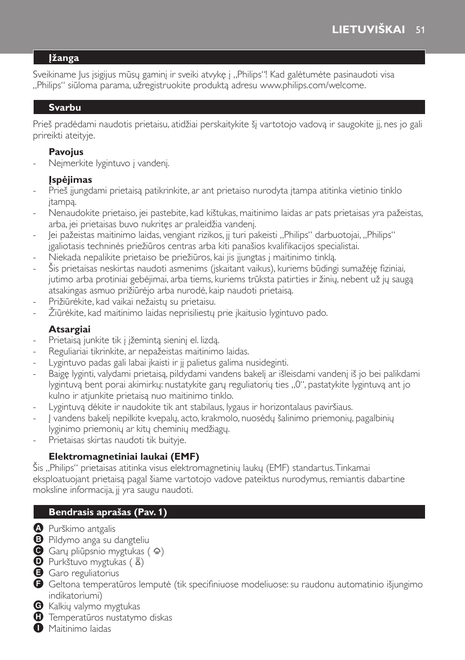 Pavojus, Įspėjimas, Atsargiai | Elektromagnetiniai laukai (emf), Lietuviškai, Įžanga, Svarbu, Bendrasis aprašas (pav. 1) | Philips GC3321 User Manual | Page 51 / 112