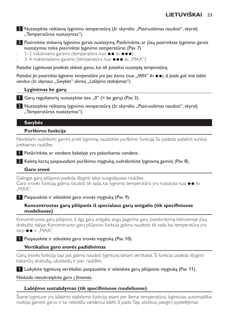 Lyginimas be garų, Savybės, Purškimo funkcija | Garo srovė, Vertikalios garo srovės padidinimas | Philips GC3321 User Manual | Page 53 / 112