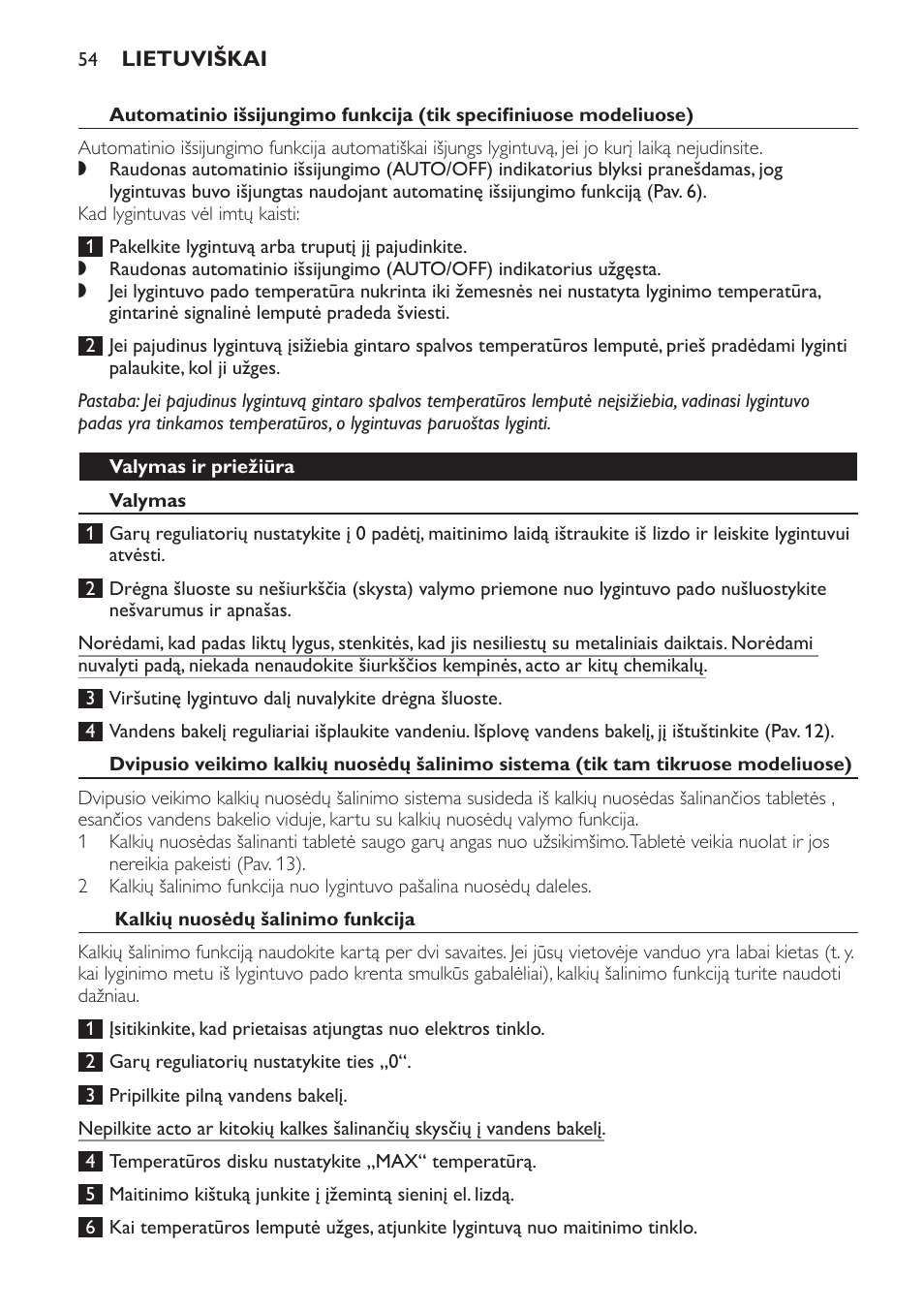 Valymas ir priežiūra, Valymas, Kalkių nuosėdų šalinimo funkcija | Philips GC3321 User Manual | Page 54 / 112