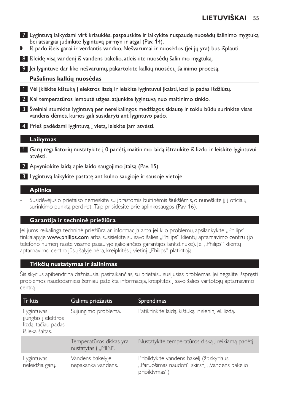 Pašalinus kalkių nuosėdas, Laikymas, Aplinka | Garantija ir techninė priežiūra, Trikčių nustatymas ir šalinimas | Philips GC3321 User Manual | Page 55 / 112