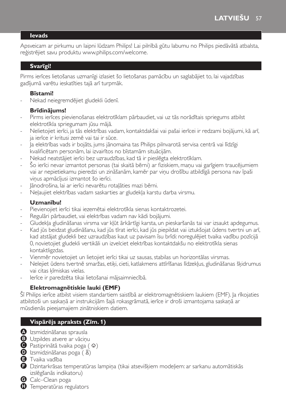 Bīstami, Brīdinājums, Uzmanību | Elektromagnētiskie lauki (emf), Latviešu, Ievads, Svarīgi, Vispārējs apraksts (zīm. 1) | Philips GC3321 User Manual | Page 57 / 112