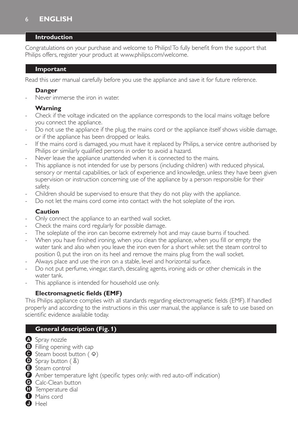 English, Introduction, Important | Danger, Warning, Caution, Electromagnetic fields (emf), General description (fig. 1) | Philips GC3321 User Manual | Page 6 / 112