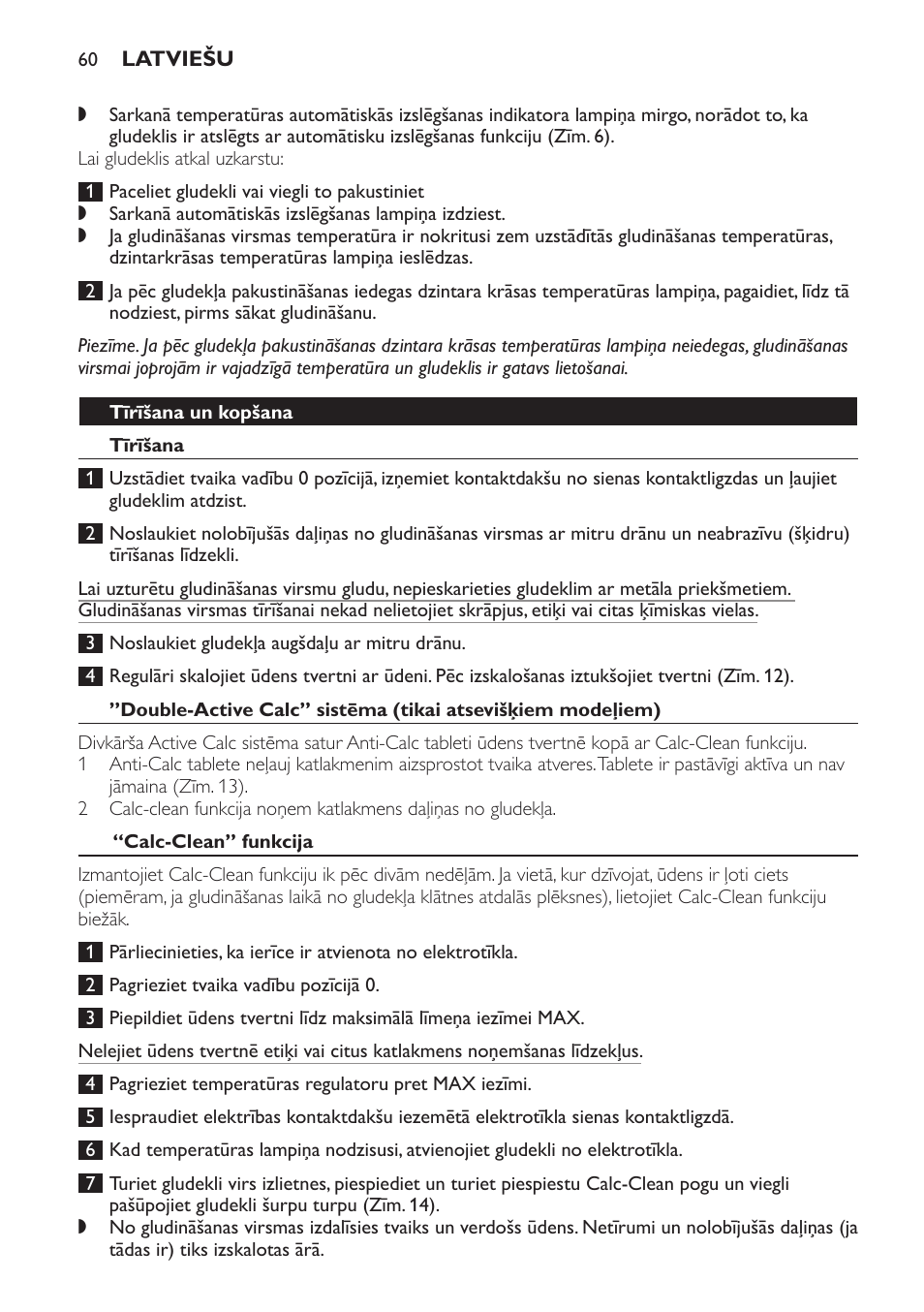 Tīrīšana un kopšana, Tīrīšana, Calc-clean” funkcija | Philips GC3321 User Manual | Page 60 / 112