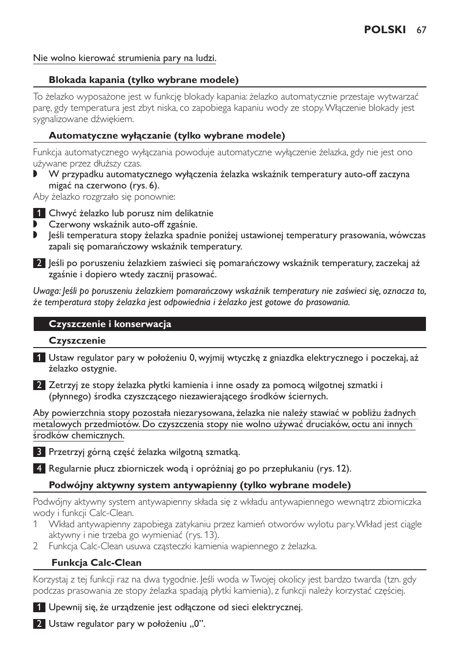 Blokada kapania (tylko wybrane modele), Automatyczne wyłączanie (tylko wybrane modele), Czyszczenie i konserwacja | Czyszczenie, Funkcja calc-clean | Philips GC3321 User Manual | Page 67 / 112